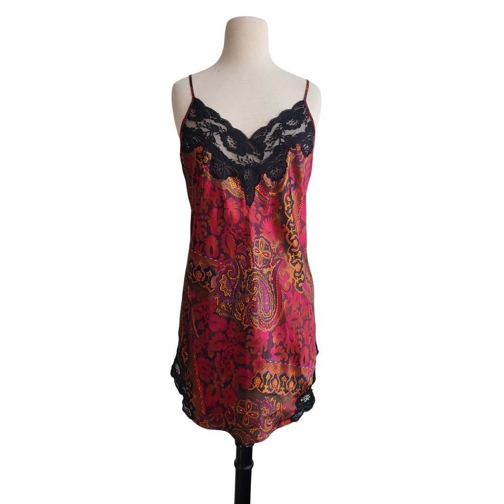 VTG 90s Victoria's Secret Gold Label Chemise L Burgundy Paisley Satin Lace Slip